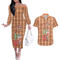 Panda Christmas Couples Matching Off The Shoulder Long Sleeve Dress and Hawaiian Shirt Ho Ho Ho Caramel Pattern - Wonder Print Shop