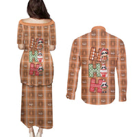 Panda Christmas Couples Matching Puletasi and Long Sleeve Button Shirt Ho Ho Ho Caramel Pattern - Wonder Print Shop