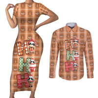 Panda Christmas Couples Matching Short Sleeve Bodycon Dress and Long Sleeve Button Shirt Ho Ho Ho Caramel Pattern - Wonder Print Shop