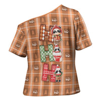 Panda Christmas Cross Shoulder Shirt Ho Ho Ho Caramel Pattern - Wonder Print Shop