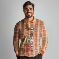 Panda Christmas Long Sleeve Polo Shirt Ho Ho Ho Caramel Pattern - Wonder Print Shop