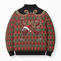 Western Yoke Bomber Puffer Jacket Wine Deer Christmas Argyle Patterns - Wonder Print Shop