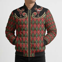 Western Yoke Bomber Puffer Jacket Wine Deer Christmas Argyle Patterns - Wonder Print Shop
