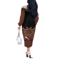 Western Yoke Off The Shoulder Long Sleeve Dress Wine Deer Christmas Argyle Patterns - Wonder Print Shop