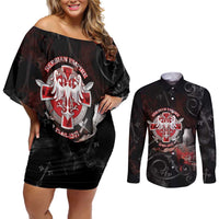 Serbian Empire Couples Matching Off Shoulder Short Dress and Long Sleeve Button Shirt Knight With Emblem Double Eagle - Wonder Print Shop