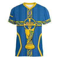 Custom Sweden Football Women V-Neck T-Shirt Three Crowns Golden DNA Trophy