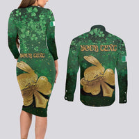 Personalized Ireland Couples Matching Long Sleeve Bodycon Dress and Long Sleeve Button Shirt The Shamrock With The Irish Hare Patterns - Wonder Print Shop