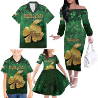 Personalized Ireland Family Matching Off The Shoulder Long Sleeve Dress and Hawaiian Shirt The Shamrock With The Irish Hare Patterns - Wonder Print Shop