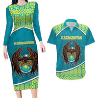 Personalized Kazakhstan Couples Matching Long Sleeve Bodycon Dress and Hawaiian Shirt The Eagle With Kazakh Patterns - Wonder Print Shop