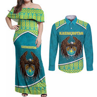 Personalized Kazakhstan Couples Matching Off Shoulder Maxi Dress and Long Sleeve Button Shirt The Eagle With Kazakh Patterns - Wonder Print Shop