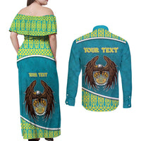Personalized Kazakhstan Couples Matching Off Shoulder Maxi Dress and Long Sleeve Button Shirt The Eagle With Kazakh Patterns - Wonder Print Shop