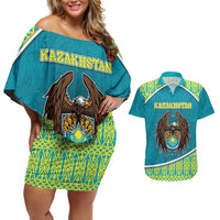 Personalized Kazakhstan Couples Matching Off Shoulder Short Dress and Hawaiian Shirt The Eagle With Kazakh Patterns - Wonder Print Shop