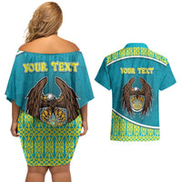 Personalized Kazakhstan Couples Matching Off Shoulder Short Dress and Hawaiian Shirt The Eagle With Kazakh Patterns - Wonder Print Shop