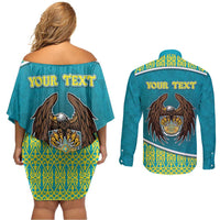 Personalized Kazakhstan Couples Matching Off Shoulder Short Dress and Long Sleeve Button Shirt The Eagle With Kazakh Patterns - Wonder Print Shop