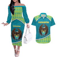 Personalized Kazakhstan Couples Matching Off The Shoulder Long Sleeve Dress and Hawaiian Shirt The Eagle With Kazakh Patterns - Wonder Print Shop