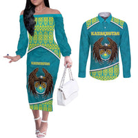 Personalized Kazakhstan Couples Matching Off The Shoulder Long Sleeve Dress and Long Sleeve Button Shirt The Eagle With Kazakh Patterns - Wonder Print Shop