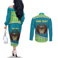 Personalized Kazakhstan Couples Matching Off The Shoulder Long Sleeve Dress and Long Sleeve Button Shirt The Eagle With Kazakh Patterns - Wonder Print Shop