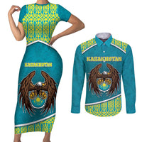 Personalized Kazakhstan Couples Matching Short Sleeve Bodycon Dress and Long Sleeve Button Shirt The Eagle With Kazakh Patterns - Wonder Print Shop