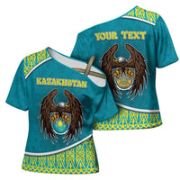 Personalized Kazakhstan Cross Shoulder Shirt The Eagle With Kazakh Patterns - Wonder Print Shop