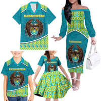 Personalized Kazakhstan Family Matching Off The Shoulder Long Sleeve Dress and Hawaiian Shirt The Eagle With Kazakh Patterns - Wonder Print Shop