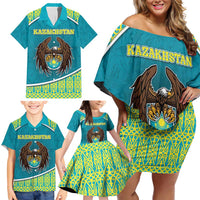 Personalized Kazakhstan Family Matching Off Shoulder Short Dress and Hawaiian Shirt The Eagle With Kazakh Patterns - Wonder Print Shop