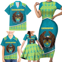 Personalized Kazakhstan Family Matching Short Sleeve Bodycon Dress and Hawaiian Shirt The Eagle With Kazakh Patterns - Wonder Print Shop