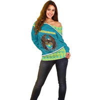 Personalized Kazakhstan Off Shoulder Sweater The Eagle With Kazakh Patterns - Wonder Print Shop