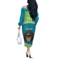 Personalized Kazakhstan Off The Shoulder Long Sleeve Dress The Eagle With Kazakh Patterns - Wonder Print Shop