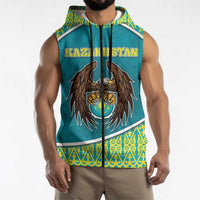 Personalized Kazakhstan Sleeveless Zip Hoodie The Eagle With Kazakh Patterns - Wonder Print Shop
