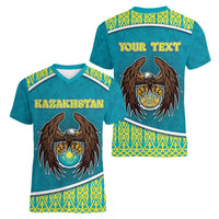 Personalized Kazakhstan Women V-Neck T-Shirt The Eagle With Kazakh Patterns - Wonder Print Shop