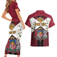Personalized Latvia Couples Matching Short Sleeve Bodycon Dress and Hawaiian Shirt Symbol With Latvians Patterns - Wonder Print Shop