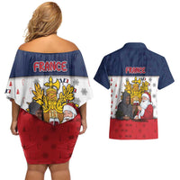 France Christmas Couples Matching Off Shoulder Short Dress and Hawaiian Shirt Pere Noel And Pere Fouettard - Wonder Print Shop