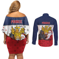 France Christmas Couples Matching Off Shoulder Short Dress and Long Sleeve Button Shirt Pere Noel And Pere Fouettard - Wonder Print Shop