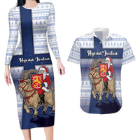 Finland Christmas Couples Matching Long Sleeve Bodycon Dress and Hawaiian Shirt Joulupukki With Coat Of Arms - Wonder Print Shop