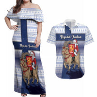 Finland Christmas Couples Matching Off Shoulder Maxi Dress and Hawaiian Shirt Joulupukki With Coat Of Arms - Wonder Print Shop