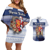 Finland Christmas Couples Matching Off Shoulder Short Dress and Hawaiian Shirt Joulupukki With Coat Of Arms - Wonder Print Shop