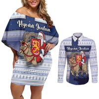 Finland Christmas Couples Matching Off Shoulder Short Dress and Long Sleeve Button Shirt Joulupukki With Coat Of Arms - Wonder Print Shop