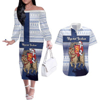 Finland Christmas Couples Matching Off The Shoulder Long Sleeve Dress and Hawaiian Shirt Joulupukki With Coat Of Arms - Wonder Print Shop