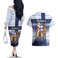Finland Christmas Couples Matching Off The Shoulder Long Sleeve Dress and Hawaiian Shirt Joulupukki With Coat Of Arms - Wonder Print Shop