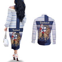 Finland Christmas Couples Matching Off The Shoulder Long Sleeve Dress and Long Sleeve Button Shirt Joulupukki With Coat Of Arms - Wonder Print Shop