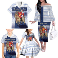 Finland Christmas Family Matching Off The Shoulder Long Sleeve Dress and Hawaiian Shirt Joulupukki With Coat Of Arms - Wonder Print Shop