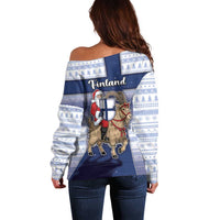 Finland Christmas Off Shoulder Sweater Joulupukki With Coat Of Arms - Wonder Print Shop