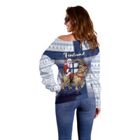Finland Christmas Off Shoulder Sweater Joulupukki With Coat Of Arms - Wonder Print Shop
