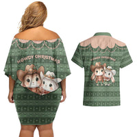 Western Yoke Couples Matching Off Shoulder Short Dress and Hawaiian Shirt Rabbit Howdy Christmas - Wonder Print Shop