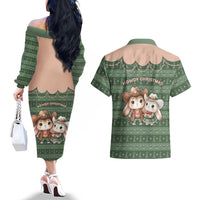 Western Yoke Couples Matching Off The Shoulder Long Sleeve Dress and Hawaiian Shirt Rabbit Howdy Christmas - Wonder Print Shop