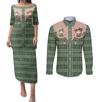 Western Yoke Couples Matching Puletasi and Long Sleeve Button Shirt Rabbit Howdy Christmas - Wonder Print Shop