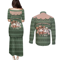 Western Yoke Couples Matching Puletasi and Long Sleeve Button Shirt Rabbit Howdy Christmas - Wonder Print Shop