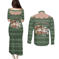 Western Yoke Couples Matching Puletasi and Long Sleeve Button Shirt Rabbit Howdy Christmas - Wonder Print Shop