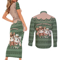 Western Yoke Couples Matching Short Sleeve Bodycon Dress and Long Sleeve Button Shirt Rabbit Howdy Christmas - Wonder Print Shop