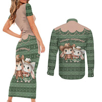 Western Yoke Couples Matching Short Sleeve Bodycon Dress and Long Sleeve Button Shirt Rabbit Howdy Christmas - Wonder Print Shop